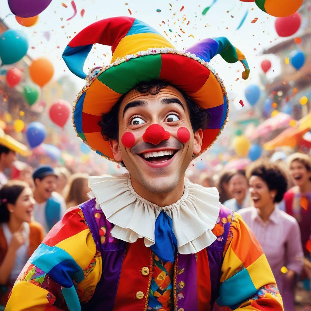A whimsical scene showcasing a mischievous jester surrounded by vibrant, exaggerated characters playing pranks and telling funny stories. Include elements of satire, like oversized props, speech bubbles with humorous dialogue, and playful colors that evoke joy. The background features a lively festival atmosphere with laughter and merriment. Art style reminiscent of a colorful cartoon or caricature, with exaggerated features and dynamic expressions. vibrant colors. cartoon style.