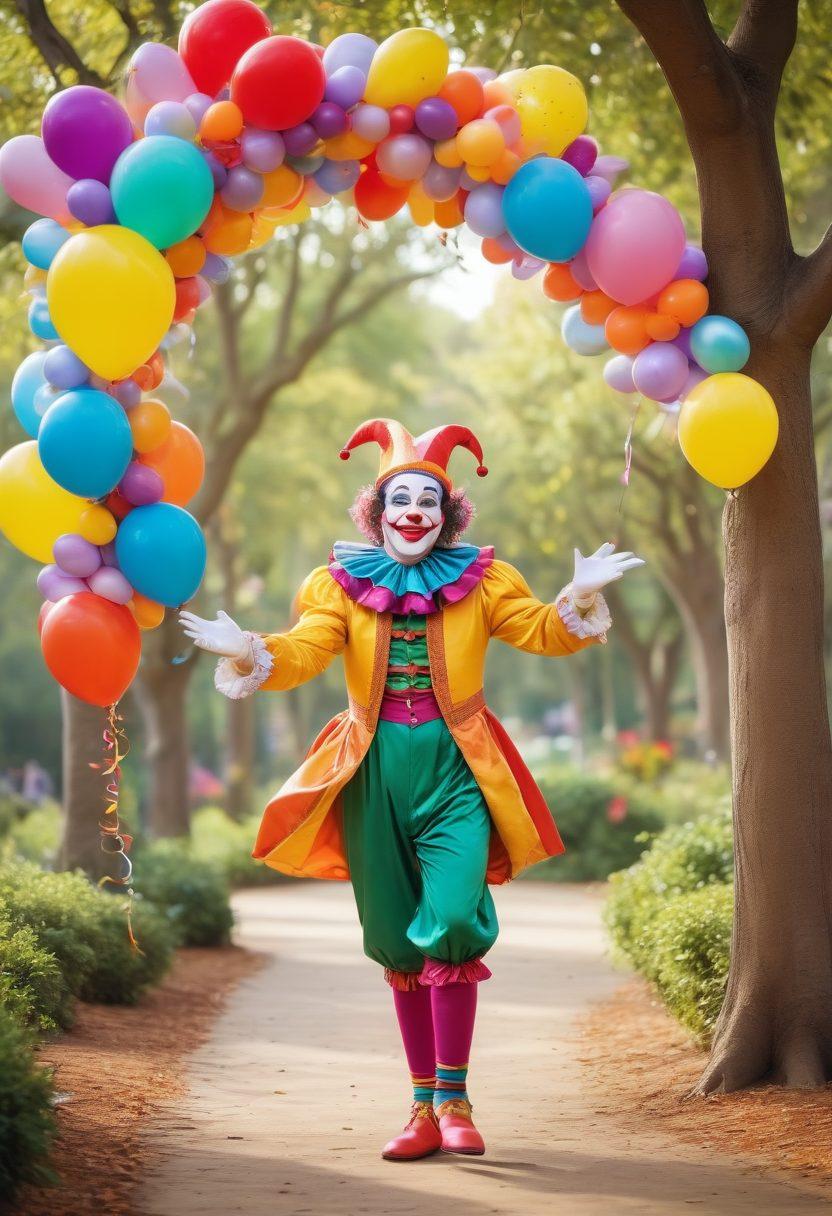 A whimsical scene featuring a jester joyfully pulling pranks in a colorful park, with balloon animals and laughter in the air. In the background, a playful tree with faces and a rainbow balloon arch symbolizes joy and humor. The jester's vibrant costume contrasts with the soft pastel colors of the surroundings, inviting smiles and laughter. super-realistic. vibrant colors. playful style.