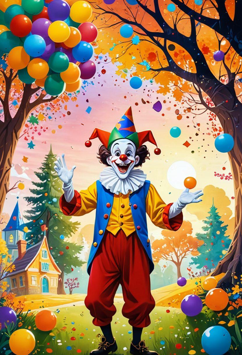 A whimsical scene depicting a jester playfully juggling colorful balls, surrounded by laughter-filled cartoon characters mischievously hiding behind large, vibrant trees. Bright confetti fills the air, enhancing the joyful atmosphere, while a sunset backdrop adds warmth. Emphasize humor and mischief with exaggerated expressions on the characters' faces. playful illustration. vibrant colors. cartoon style.